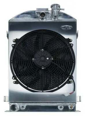 1932 Highboy Ford Engine 27 Inch Aluminum Performance Radiator And 16 Inch Fan Kit Cold Case Radiators